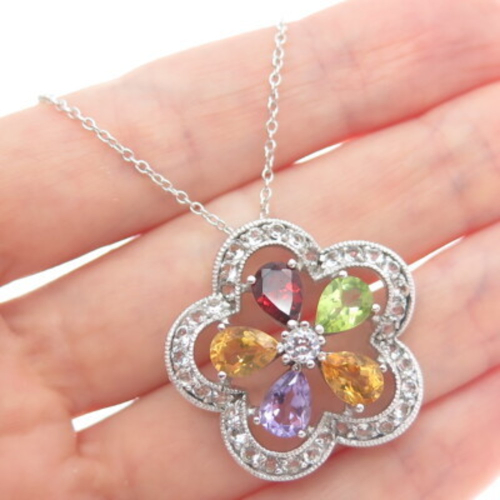 925 Sterling Silver Topaz Garnet Amethyst Citrine Peridot Flower Necklace 16-18" - Picture 2 of 6